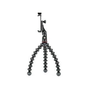 JOBY GripTight PRO 2 GorillaPod4 JOBY GripTight PRO 2 GorillaPod Jalustakit Puhelimelle on musta joustava kolmijalka, jossa on segmentoidut jalat ja älypuhelimen kiinnitys, kuvassa pystyasennossa valkoisella pohjalla.