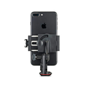 JOBY GripTight PRO 2 GorillaPod7 JOBY GripTight PRO 2 GorillaPod Jalustakit Puhelimelle pitää mustaa älypuhelinta pystysuorassa säädettävässä mustassa autopuhelimen pidikkeessä, jossa on imukuppipohja ja joka on esillä valkoista taustaa vasten.