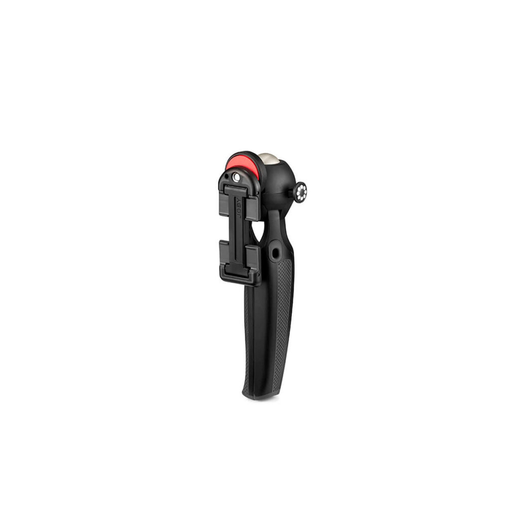 JOBY HandyPod Mobile1 JOBY HandyPod Mobile Jalusta Puhelimelle Musta on musta kannettava älypuhelimen gimbaalivakaaja, jossa on kuvioitu kahva, taitettava puhelimen kiinnike ja punainen korostus yläosan lähellä, kuvassa valkoisella pohjalla.