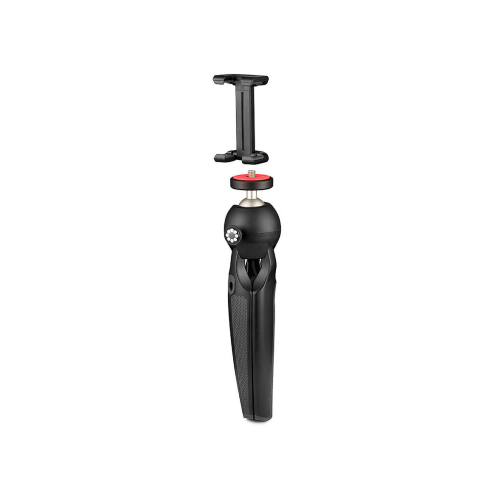 JOBY HandyPod Mobile2 JOBY HandyPod Mobile Jalusta Puhelimelle Musta on kompakti musta jalusta älypuhelinpidikkeellä, jossa on pallopää ja kokoontaitettavat jalat siirrettävyyttä varten, kuvassa eristettynä valkoisella pohjalla.
