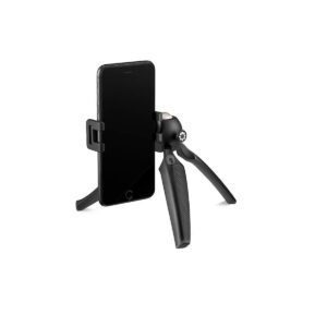 JOBY HandyPod Mobile4 JOBY HandyPod Mobile Jalusta Puhelimelle Musta on musta älypuhelimen pidike kompaktilla mustalla kolmella kokoontaitettavalla jalustalla, joka on kuvassa valkoista taustaa vasten.
