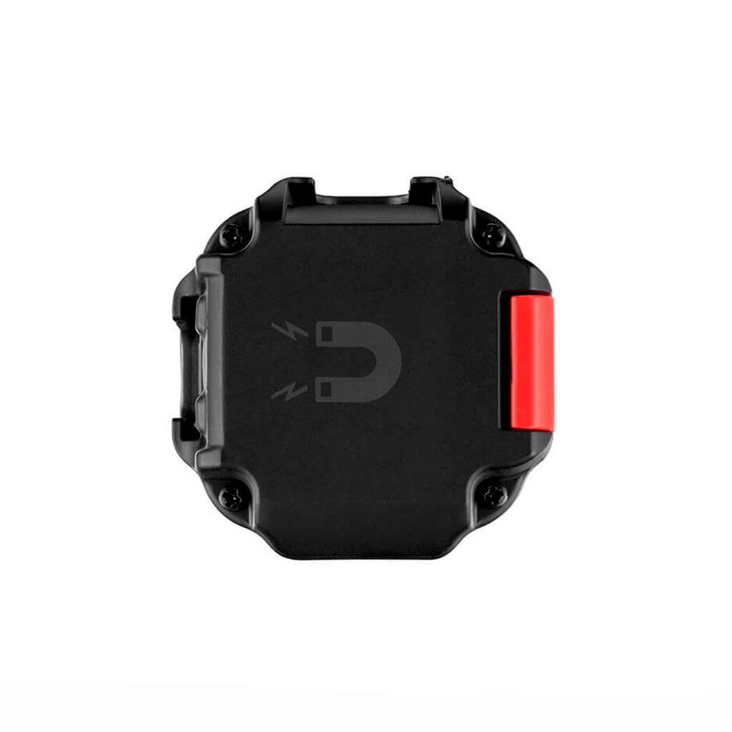 Joby Beamo Mini - LED-valo on musta suorakaiteen muotoinen laite, jonka etupuolella on magneettisymboli ja oikealla puolella punainen painike tai salpa valkoisella pohjalla.