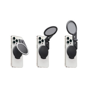 Joby-Beamo-Ring-Light-for-MagSafe-5 Kolmessa älypuhelimessa näkyy Joby Beamo Ring Light for MagSafe - Harmaa, joka on kiinnitetty kolmeen asentoon: suljettu, osittain avattu ja täysin avattu paljastaen sisällä olevan pyöreän peilin.