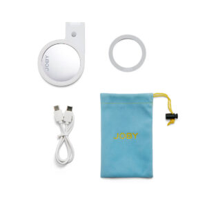 Joby-Beamo-Ring-Light-for-MagSafe-white-3 Joby Beamo Ring Light for MagSafe - White with round white light, attachment ring, USB charging lead and blue drawstring bag with yellow JOBY branding, shown on white background.