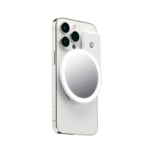 Joby-Beamo-Ring-Light-for-MagSafe-white The white smartphone with three rear cameras has a Joby Beamo Ring Light for MagSafe - A white, round, removable light that can be attached to the back of the smartphone to illuminate the camera area.