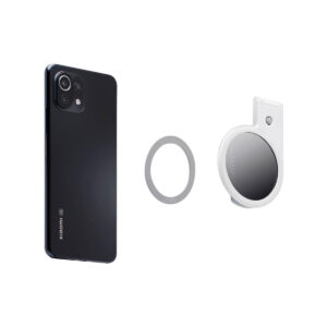 Joby-Beamo-Ring-Light-for-MagSafe-white-5 The white background shows the Joby Beamo Ring Light for MagSafe in white, a black smartphone and a silver ring-shaped accessory.