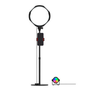 Joby-Beamo-Studio-Deluxe-Lighting-Kit The Joby Beamo Studio Deluxe light set features a ring light on an adjustable stand with a smartphone holder in the middle and a small, round RGB LED light, both powered by cables.
