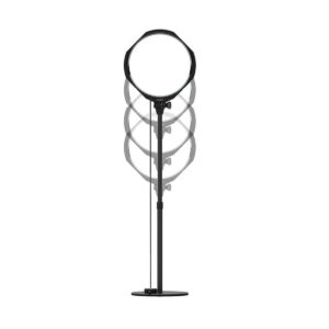 Joby-Beamo-Studio-Key-Light-1 The Joby Beamo Studio Key Light is presented on a tripod base at different heights, with a round light head and a flat round base, all against a white background.