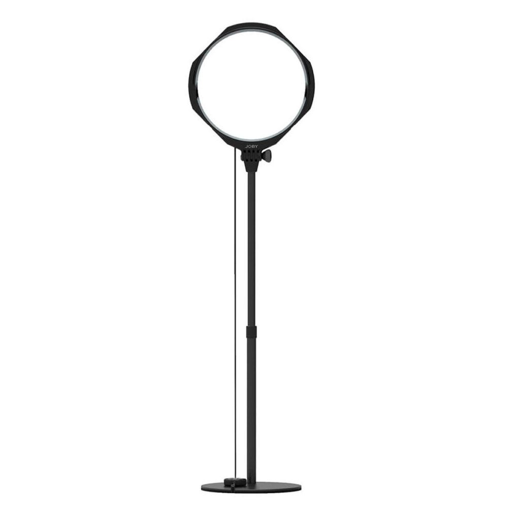Joby-Beamo-Studio-Key-Light Joby Beamo Studio Key Light, a black ring light on an adjustable stand with a round base, stands upright against a white background.