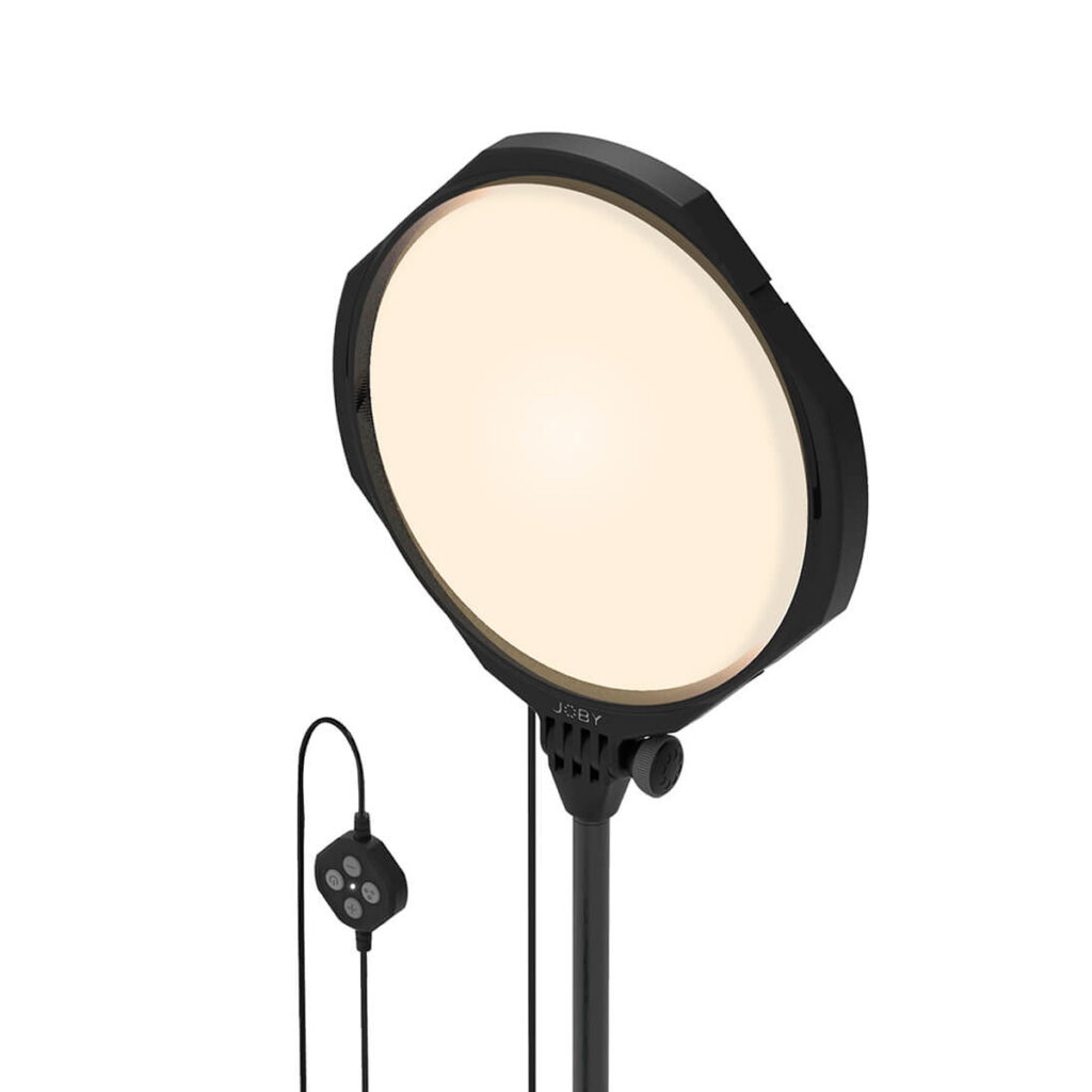 Joby-Beamo-Studio-Key-Light-2 The Joby Beamo Studio Key Light is a round, black LED ring light with stand and wired remote control that emits a soft, evenly lit white light.