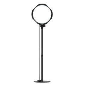 Joby-Beamo-Studio-Key-Light Joby Beamo Studio Key Light, a black ring light on an adjustable stand with a round base, stands upright against a white background.