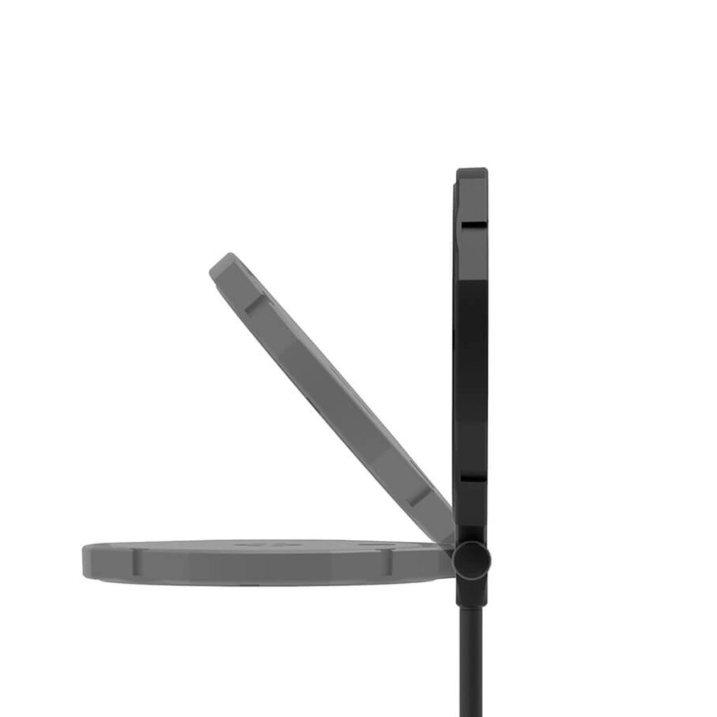 Joby-Beamo-Studio-Key-Light-3 Side view of the Joby Beamo Studio Key Light, a slim, minimalist circular folding device with two flat circular sections connected by a hinge - one vertical and one open-bent.