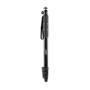 Joby-Compact-2in1-Monopod Joby Compact 2in1 Monopod, kuvassa mustana, kuvioidulla kahvalla, rannehihnalla ja säädettävällä teleskooppipylväällä, näkyy valkoisella taustalla.