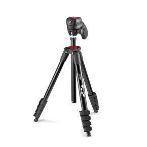 Joby-Compact-Action-3K Joby Compact Action 3K is a black camera stand with three adjustable legs, rubber feet and a tilting head, shown against a white background.