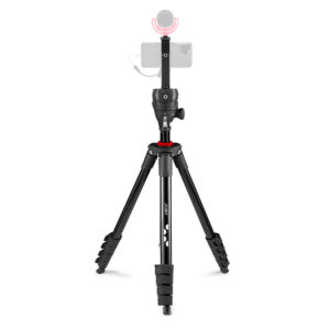 Joby-Compact-Action-3K-Kit-2 The Joby Compact Action 3K Kit, a black stand with red accents and adjustable feet, holds a smartphone and external microphone, ready for recording or streaming on a white background.