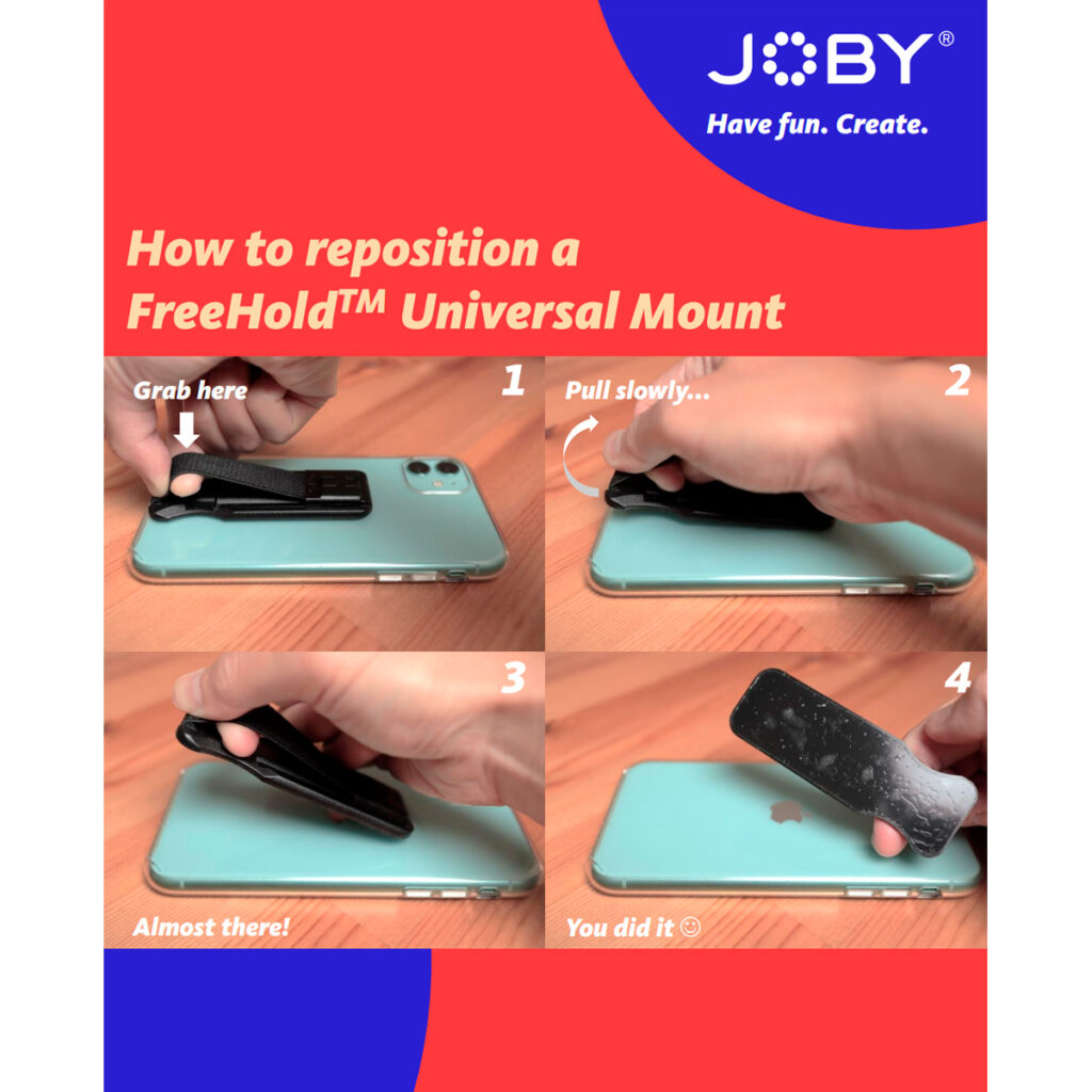 Joby-FreeHold-Universal-Kit-5 Visuaalinen opas näyttää kädet irrottamassa Joby FreeHold Universal Kitin (musta) turkoosista älypuhelimesta, ja numeroidut vaiheet alkavat kiinnikkeen kielekkeen vetämisestä ja päättyvät täydelliseen irrottamiseen.