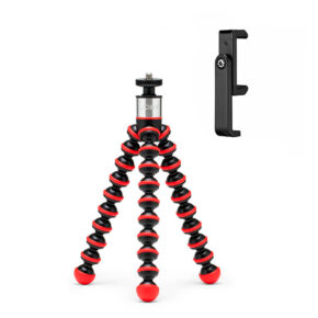 Joby-GorillaPod-Go-500-+-GripTight-360-Tripod-Kit-Red The Joby GorillaPod Go 500 + GripTight 360 Tripod Kit Red, with flexible red and black bendable legs, stands upright next to a separate black smartphone holder on a white background.