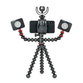 Joby-GorillaPod-Mobile-Rig Joby GorillaPod Mobile Rig securely holds a smartphone, external microphone and two LED lights, creating a configuration that looks like a stick figure with raised arms.