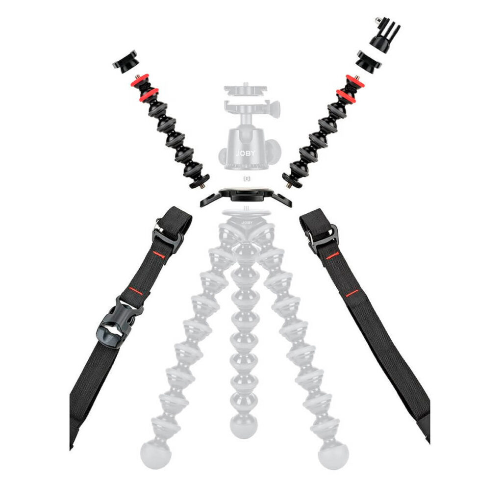 Joby-GorillaPod-Upgrade-Rig Joby GorillaPod Upgrade Rig, jossa on irrotettavat taipuisat jalat, kuulapää, pikakiinnike ja hihnat, näkyy erikseen valkoista taustaa vasten.