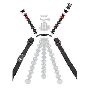 Joby-GorillaPod-Upgrade-Rig Joby GorillaPod Upgrade Rig, jossa on irrotettavat taipuisat jalat, kuulapää, pikakiinnike ja hihnat, näkyy erikseen valkoista taustaa vasten.