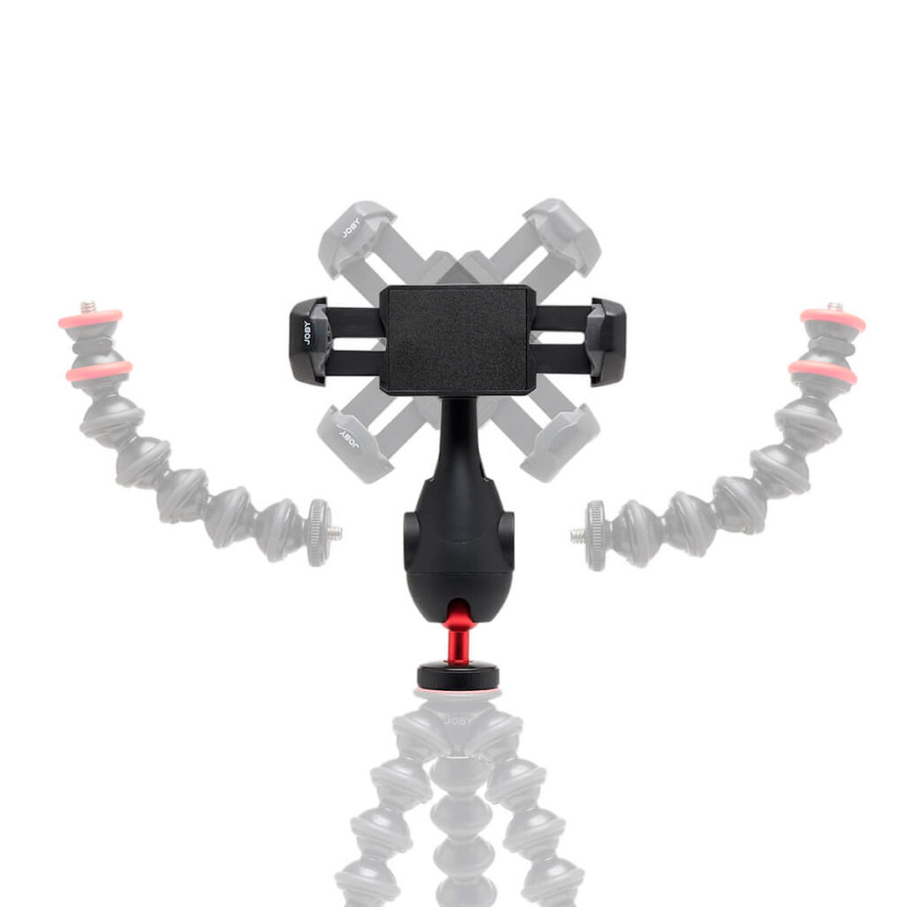Joby-GripTight-Pro-3-4 Joby GripTight Pro 3 Phone Mount -puhelinpidikkeessä on säädettävä älypuhelinpidike ja segmentoidut, taivutettavat jalat, jotka on esitetty eri käsivarsiasennoissa korostamaan sen joustavaa liikerataa.