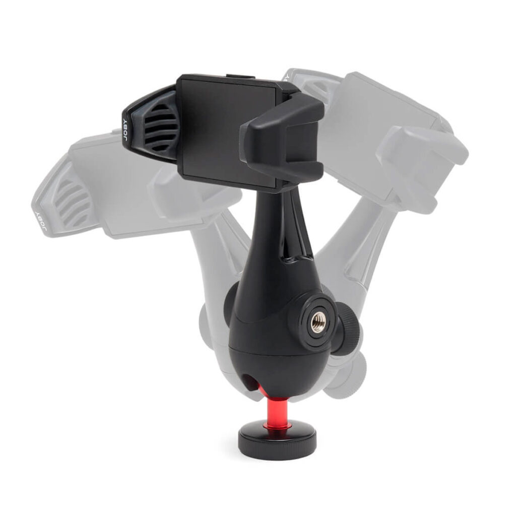 Joby-GripTight-Pro-3-6 Joby GripTight Pro 3 -puhelinkiinnike on esitetty mustana säädettävällä puhelimen pidikkeellä, joka on pystyssä ja kahdessa kulma-asennossa, ja vaihtoehtoiset kulmat on häivytetty harmaalla sen monipuolisen liikealueen korostamiseksi.