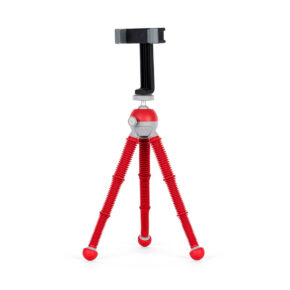 Joby-PodZilla-Flexible-Tripod-Kit-M-Punainen Joby PodZilla Flexible Tripod Kit M Punainen on kompakti punainen ja harmaa kolmella taivutettavalla jalalla ja mustalla älypuhelimen pidikkeellä varustettu kolmijalkainen jalusta, joka on suunniteltu siirrettäväksi ja säädettäväksi.