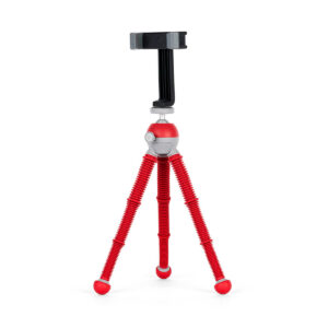 Joby-PodZilla-Flexible-Tripod-Kit-M-Punainen Joby PodZilla Flexible Tripod Kit M Punainen on kompakti punainen ja harmaa kolmella taivutettavalla jalalla ja mustalla älypuhelimen pidikkeellä varustettu kolmijalkainen jalusta, joka on suunniteltu siirrettäväksi ja säädettäväksi.