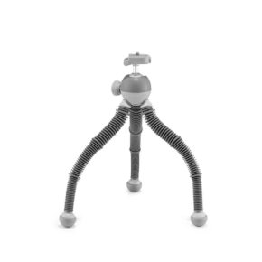 Joby-PodZilla-Flexible-Tripod-Large Joby PodZilla Flexible Tripod Large -jalustassa on kolme taipuisaa, harjattua jalkaa ja kuulapääkiinnike kameroille tai älypuhelimille. Kompakti kolmijalka seisoo pystyasennossa tavallisella valkoisella pohjalla.