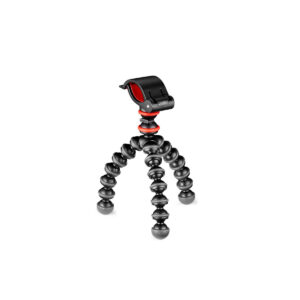 Joby Starter Kit GorillaPod1 JOBY GorillaPod Starter Kit on kompakti, joustava kolmijalka, jossa on mustat ja harmaat segmentoidut jalat ja puhelimen kiinnike, joka on suunniteltu älypuhelinten tai kameroiden pitämiseen. Sen taipuisat jalat kiertyvät esineiden ympärille monipuoliseen sijoitteluun.