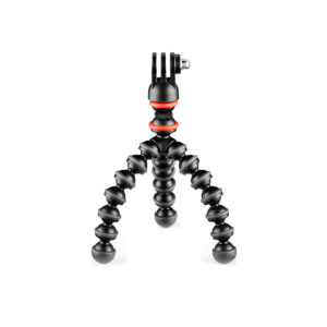 Joby Starter Kit GorillaPod4 JOBY GorillaPod Starter Kit on joustava musta jalusta, jossa on kolme segmentoitua, taivutettavaa jalkaa ja GoPro-tyylinen kiinnike, kuvassa valkoisella pohjalla.