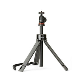 The Joby TelePod Pro Kit, with three extended legs, black and red adjustable headset and wrist strap, is pictured with a white background.