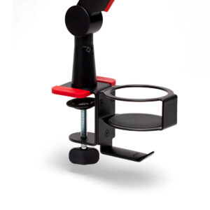 Joby-Wavo-Boom-Arm-3 Joby Wavo Boom Arm on musta ja punainen pöydän tai pöydän reunoihin kiinnitettävä kuppipidike, jossa on pyöreä pidike kuppeja varten ja säädettävä ruuvi turvallista kiinnitystä varten.