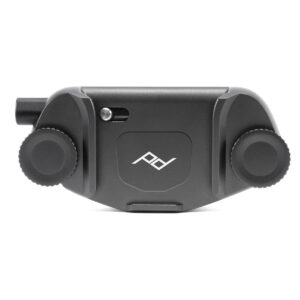 Peak-Design-Capture-clip-only-black-1 Peak Design Capture (clip only) - Black is a black, rectangular camera clip with two round side buttons, a silver button and a white Peak Design logo in the middle.
