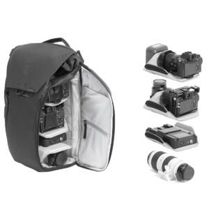Peak-Design-Everyday-Backpack-v2-30l-black-05 Peak Design Everyday Backpack v2 30L -kamerareppu, musta, on kuvassa päälokero avattuna, ja siinä on siististi järjestetyt kamerat ja objektiivit. Vieressä on lähikuvia pehmustetuilla väliseinillä olevista varusteista.