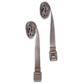 Peak Design Spareparts V2 -ulkoinen kantohihna (pitkä, Mushroom) sisältää kaksi harmaata nailonhihnaa, joissa on muovisoljet, joista kumpikin on kiedottu siististi toiseen päähän ja pidennetty toiseen päähän.