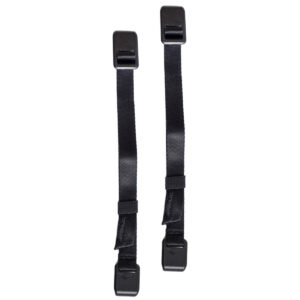 Peak-Design-External-Carry-Strap-V2-short-black-1 Kaksi Peak Design Spareparts V2 -ulkoista kantohihnaa (lyhyt, musta), joissa on muovisoljet molemmissa päissä, rinnakkain valkoisella pohjalla.