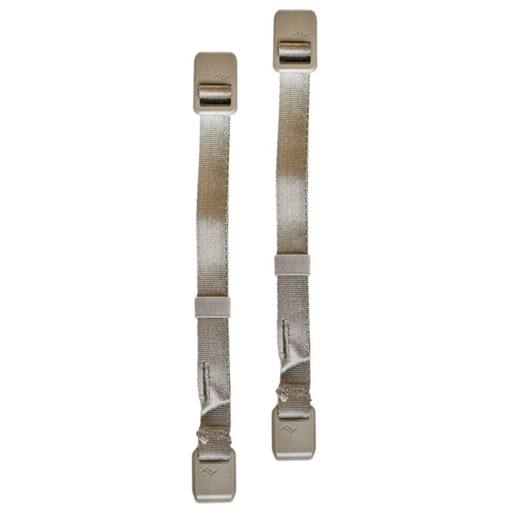 Peak-Design-External-Carry-Strap-V2-short-mushroom-1 Kaksi lyhyttä, säädettävää Peak Design V2 -ulkoista kantohihnaa, joiden molemmissa päissä on muoviset klipsit, on sijoitettu rinnakkain valkoiselle taustalle.