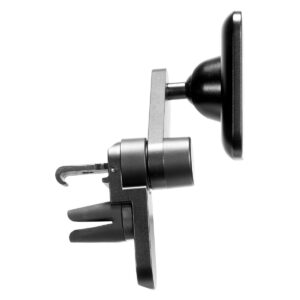 Sivunäkymä Peak Design Mobile Charging Car Mount Vent -mobiililatausauton tuuletusaukosta, jossa on magneettikiinnike, säädettävä varsi ja tuuletusaukkoklipsi ajoneuvon tuuletusaukkoon kiinnittämistä varten.