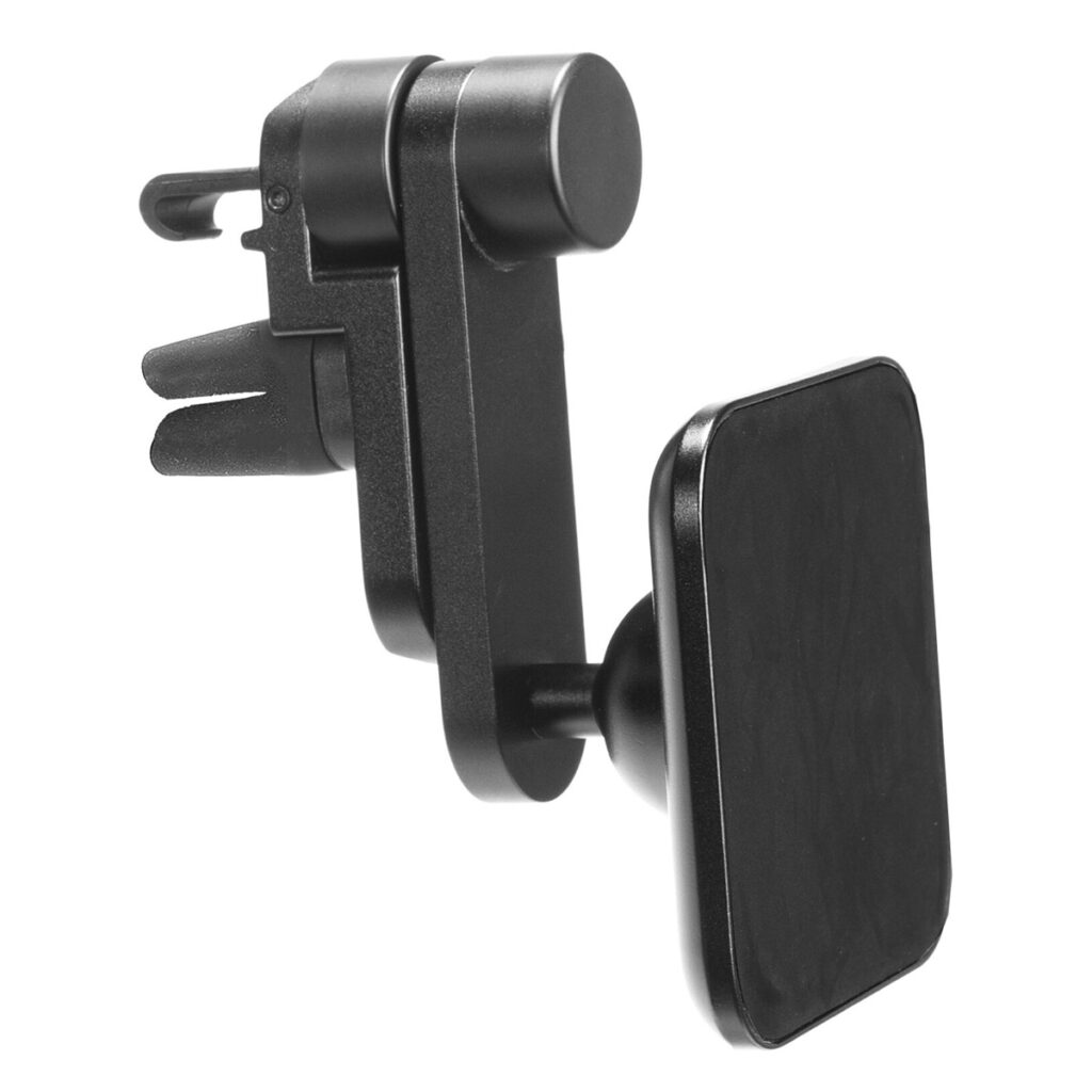 Peak-Design-Mobile-Car-Mount-Vent-2 Peak Design Mobile Car Mount Vent on musta magneettinen puhelimen pidike, jossa on suorakulmainen kiinnike ja säädettävä varsi, joka on suunniteltu kiinnitettäväksi autosi tuuletusaukkoon.