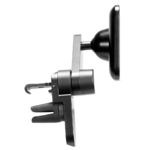 Peak-Design-Mobile-Car-Mount-Vent-3 Sivunäkymä Peak Design Mobile Car Mount Vent -laitteesta, jossa on magneettinen pidike, säädettävä varsi, metallisella viimeistelyllä varustettu tuuletusaukon kiinnitys, kumipintaiset piikit ja koukku turvallista asennusta varten.