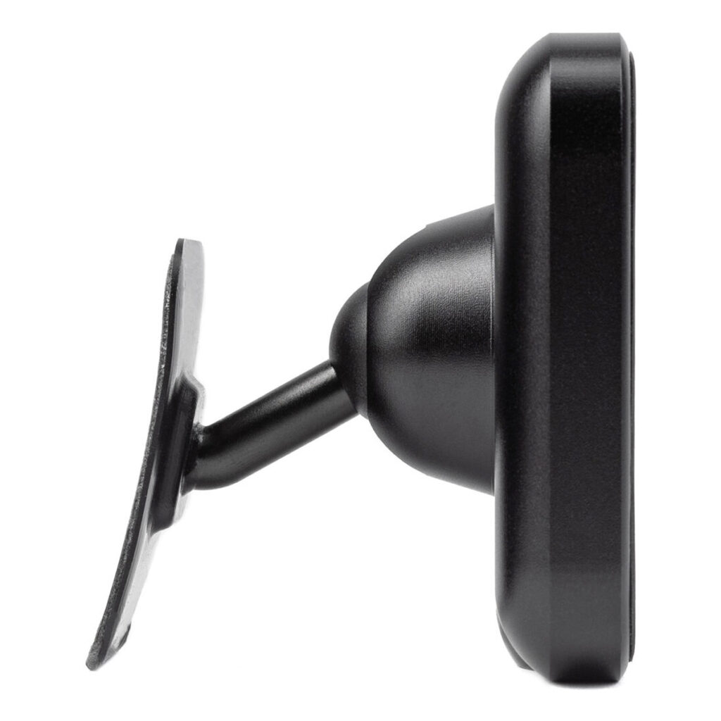 Peak-Design-Mobile-Magnetic-Charging-Car-Mount2 Sivukuva mustasta Peak Design Mobile VHB-Sticker -latausautotelineestä, jossa on kompakti, minimalistinen muotoilu, säädettävä varsi, pyöristetty pohja ja suorakulmainen levy puhelimen magneettikiinnitystä varten.