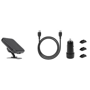Peak-Design-Mobile-Magnetic-Charging-Car-Mount4 Peak Design Mobile VHB-tarralatausautotelinesarja sisältää magneettikiinnikkeen, USB-C-latauskaapelin, autolaturisovittimen ja kolme metallilevyä valkoisella pohjalla.