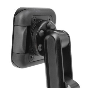 Peak-Design-Mobile-Motorcycle-Stem-Mount-2 Lähikuvassa Peak Design Mobile Motorcycle Stem Mount, musta, jossa on säädettävä varsi, neliönmuotoinen kiinnityslevy, ruuvit ja nivel, jonka avulla laite voidaan sijoittaa turvallisesti moottoripyörään.