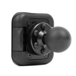 Peak-Design-Mobile-Motorcycle-ball-adapter-2 Peak Design Mobile Motorcycle Mount 1" Ball Adapter, jossa on musta pyöreä pallokahva neliönmuotoisella alustalla, näkyy valkoista taustaa vasten.