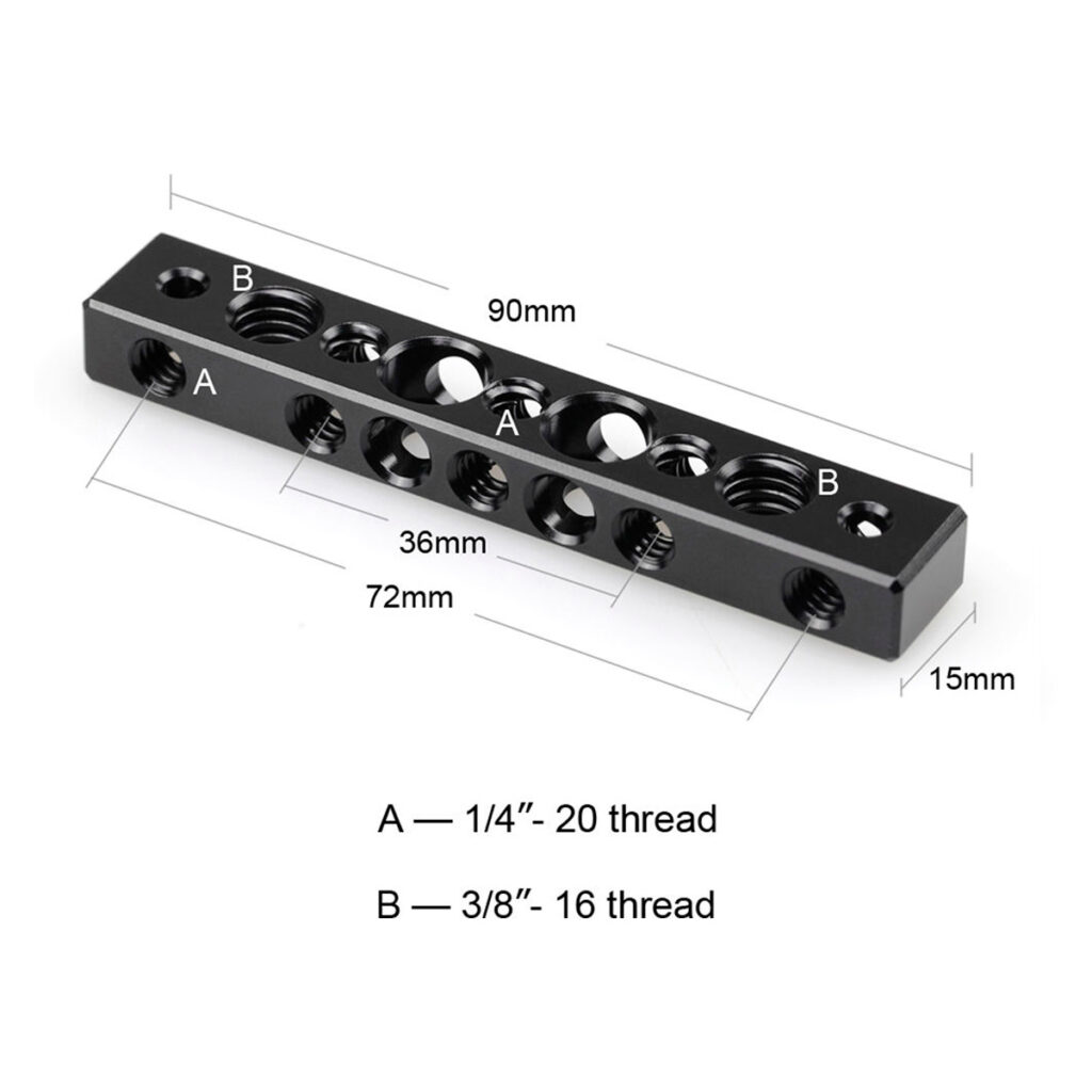 SmallRig-1091-2 SmallRig 1091 Juustotanko: Musta suorakaiteen muotoinen metallitanko, 90mm x 15mm, jossa on kierrereiät (A: 1/4"-20, B: 3/8"-16) 36mm ja 72mm välein. Mittatietokilvet kuvassa.