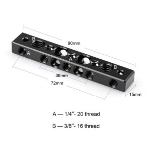 SmallRig-1091-2 SmallRig 1091 Juustotanko: Musta suorakaiteen muotoinen metallitanko, 90mm x 15mm, jossa on kierrereiät (A: 1/4"-20, B: 3/8"-16) 36mm ja 72mm välein. Mittatietokilvet kuvassa.