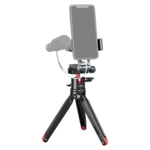 SmallRig-111 SmallRig 111 Universal Smartphone Vlog Kit on kompakti musta jalusta, jossa on punaiset korostukset ja johon mahtuu älypuhelin ja ulkoinen mikrofoni, ja joka sopii täydellisesti vloggaamiseen tai videokuvaukseen.