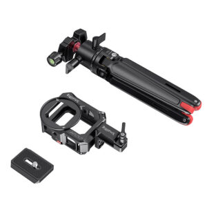 SmallRig-113-2 SmallRig 113 Vlog Kit for GoPro Hero 8, kompakti musta kolmijalka punaisilla korostuksilla, sisältää pikakiinnityslevyn ja säädettävän älypuhelinpidikkeen, kaikki valkoisella pohjalla.