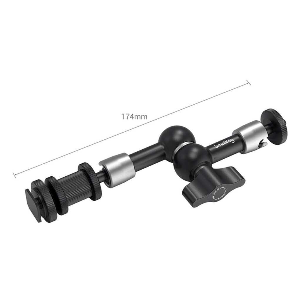 SmallRig-1497-2 SmallRig 1497 Articulating Rosette Arm 7" on musta ja hopeinen säädettävä asennusvarsi, 174 mm pitkä, jossa on nivelet, kiristysnupit ja kiinnityspisteet molemmissa päissä.